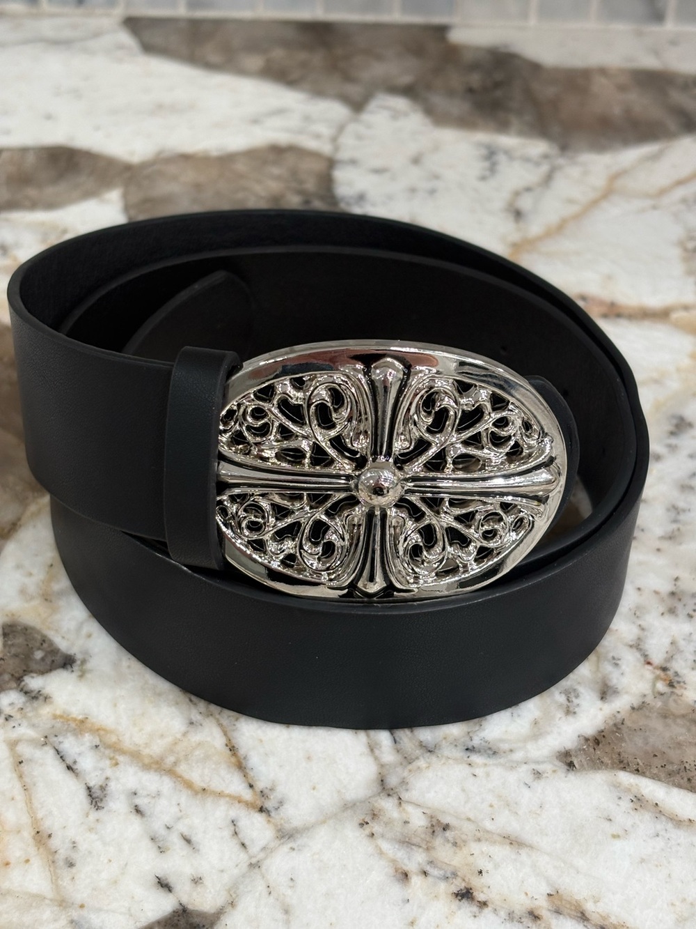 Y2K Black Leather Belt with Ornate Silver Metal Buckle